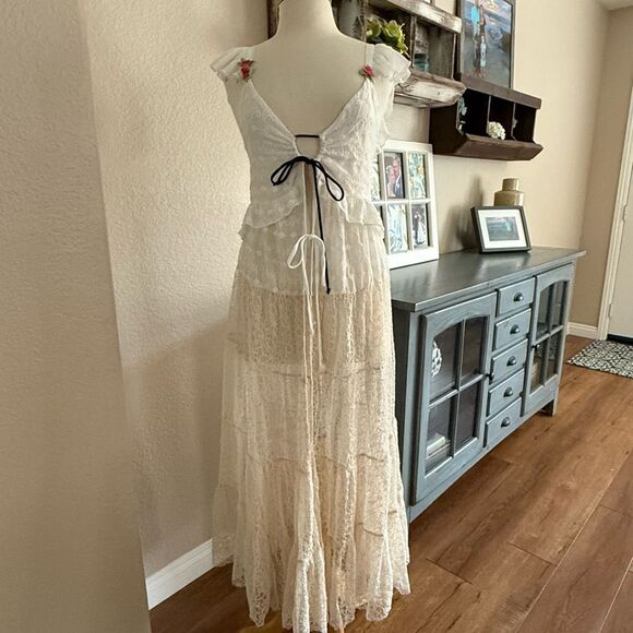 NWT Free People Womens Tie Front Embroidered Tiered Selena Maxi Top Ivory Small - Picture 5 of 16